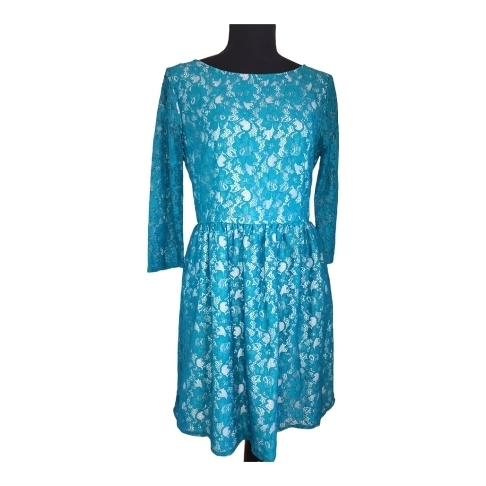 FRENCH CONNECTION lace fit & flare mini dress teal blue green cream size 8 NWT